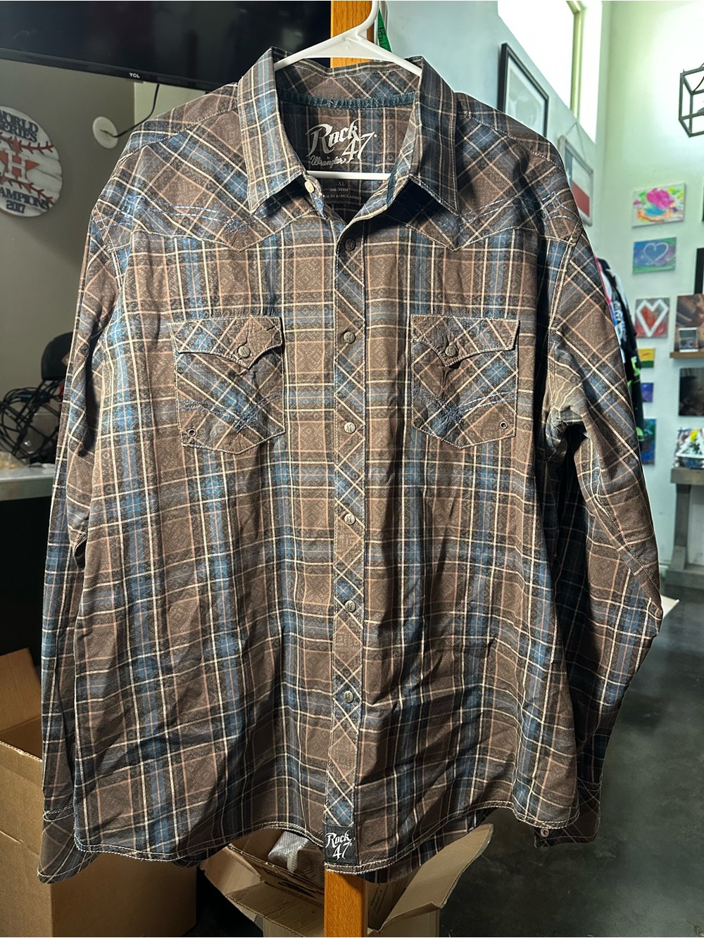 Rock 47 Men's Brown Plaid Button-Down Shirt with Blue Accents